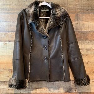Chico’s brown jacket fur trim Size 2 large